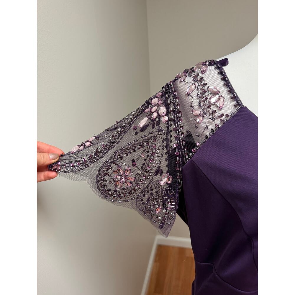 Xscape Evening Dress Plum Lace Draped Formal Beaded Flutter Sleeves Size 16 NWT - Picture 5 of 10